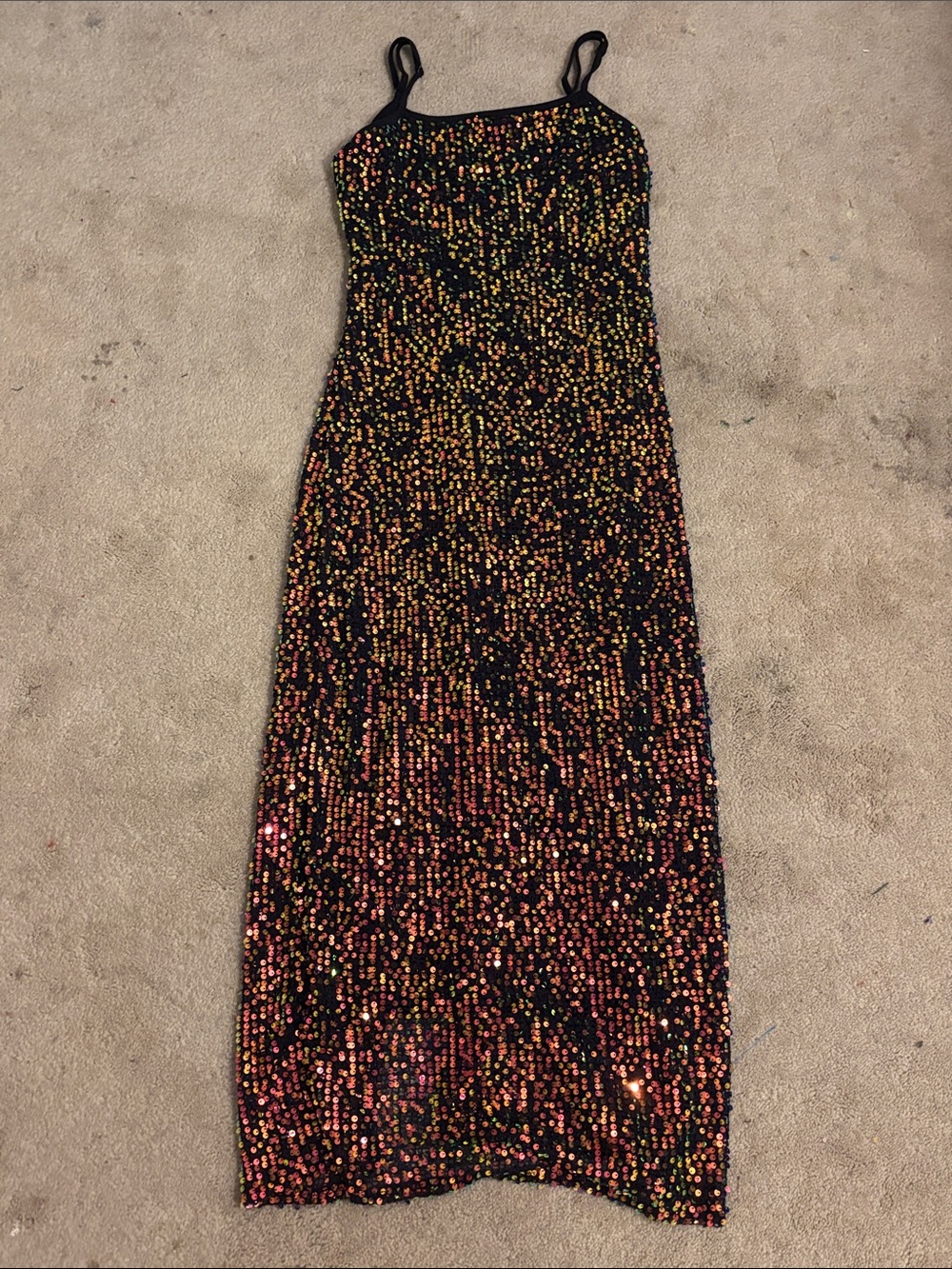 Black Sequin Slip Dress with Multicolor Sparkle